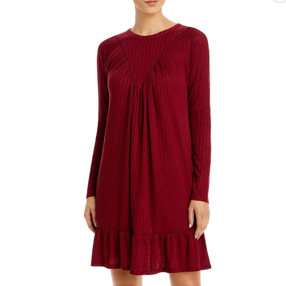 AQUA Boho Long-Sleeve Mini Dress – Burgundy – Size M – NWT